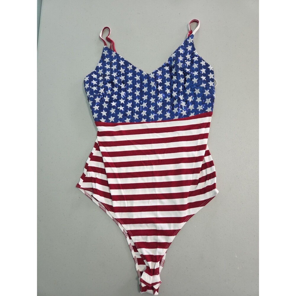 Bear Dance American Flag Sequin Bodysuit large Americana
